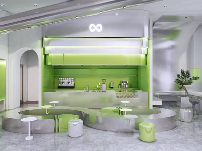 Modern Bubble Tea Shop Interior Design With Green Counter And Silver Decor 3d model