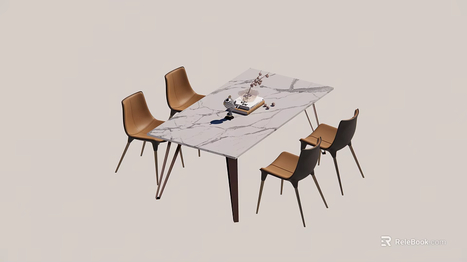Modern Dining Table Set with Rectangular Marble Top and Brown Leather Chairs 3d model