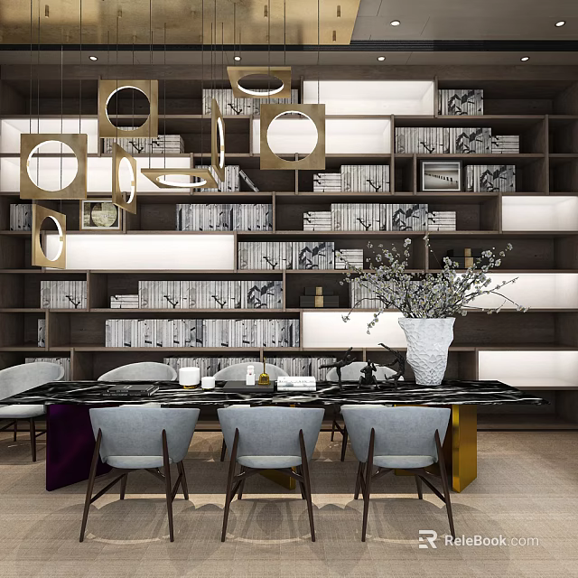 Modern Bookcase Interior With Stacked Books Decorative Vase And Pendant Lights 3d model 