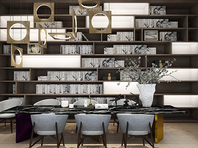 Modern Bookcase Interior With Stacked Books Decorative Vase And Pendant Lights 3d model