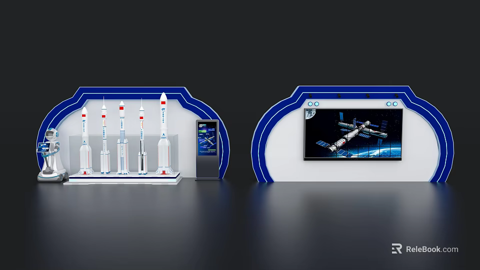Exhibition Island Featuring Multiple Rocket Models And Space Station Display Screen Design 3d model