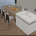 Modern Dining Table Set With Wooden Top Black Chairs And Marble Counter On Herringbone Floor