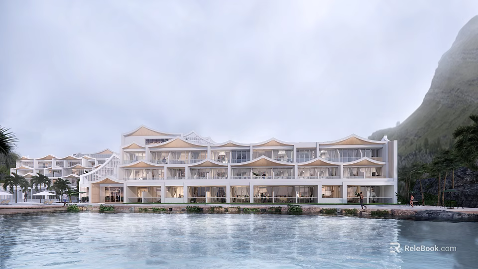 Modern Waterfront Hotel Building With Traditional Roof Design And Scenic Mountain View 3d model 
