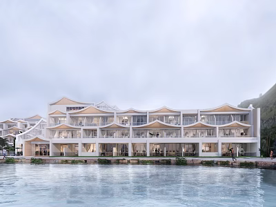 Modern Waterfront Hotel Building With Traditional Roof Design And Scenic Mountain View 3d model