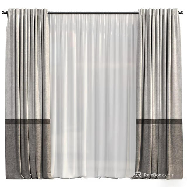 Elegant Double Layer Curtains With White Sheer Inner And Dark Gray Outer Striped Bottom 3d model 