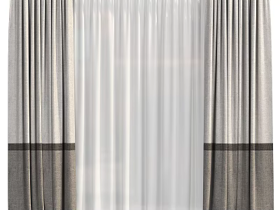 Elegant Double Layer Curtains With White Sheer Inner And Dark Gray Outer Striped Bottom 3d model