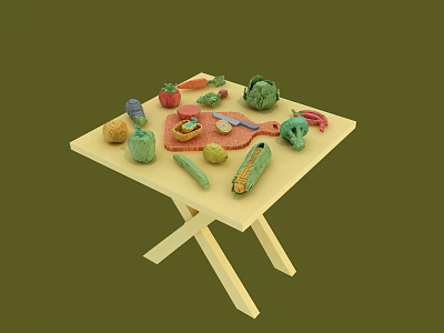 Assorted Fresh Vegetables On Light Colored Folding Table With Cabbage Corn Carrot Knife And Bowl 3d model
