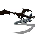 Black mythical dragon perched on commercial airplane during flight