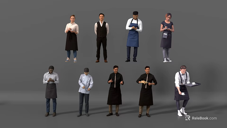 Diverse Group of Kitchen Staff Standing in Aprons Chef Hats and Professional Attire 3d model 