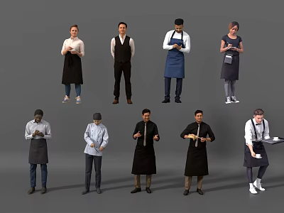 Diverse Group of Kitchen Staff Standing in Aprons Chef Hats and Professional Attire 3d model