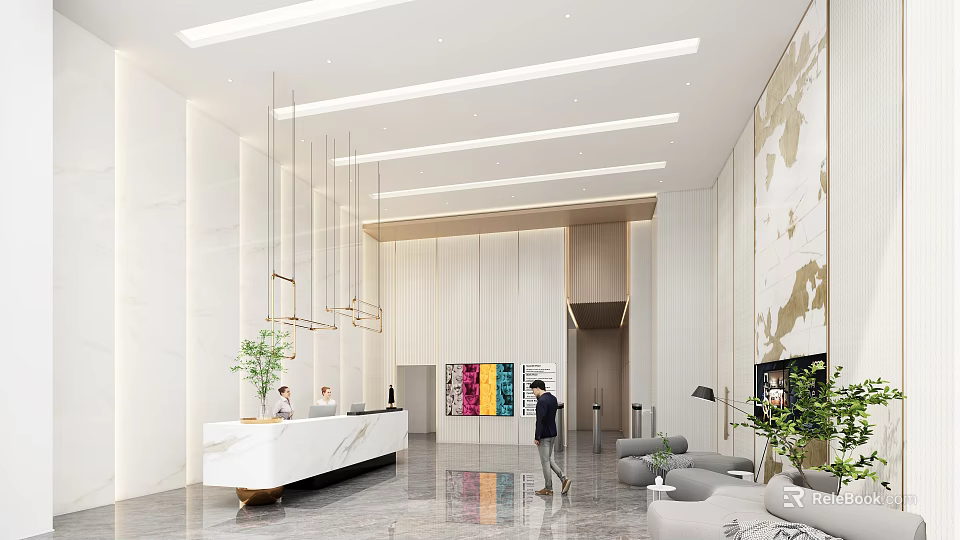 Elegant Modern Hotel Lobby Interior With Reception Desk Hanging Chandeliers And Colorful Artworks 3d model 