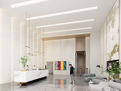 Elegant Modern Hotel Lobby Interior With Reception Desk Hanging Chandeliers And Colorful Artworks 3d model
