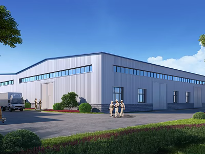 Modern Industrial Factory Building Exterior With Steel Structure Large Windows And Green Landscaping 3d model