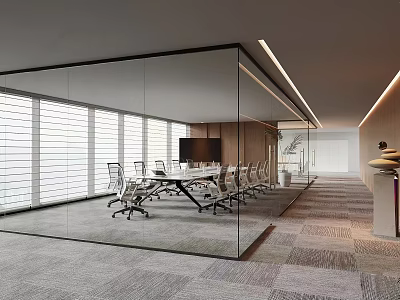 Bright Modern Glass Partitioned Conference Room With Large Windows Comfortable Chairs And Complete Office Facilities 3d model