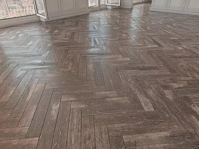 Dark Brown Herringbone Wooden Flooring With Natural Texture In Interior Living Room 3d model