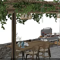 Garden Pergola With Green Vines Wooden Structure Outdoor Dining Area Grill And Wood Stack
