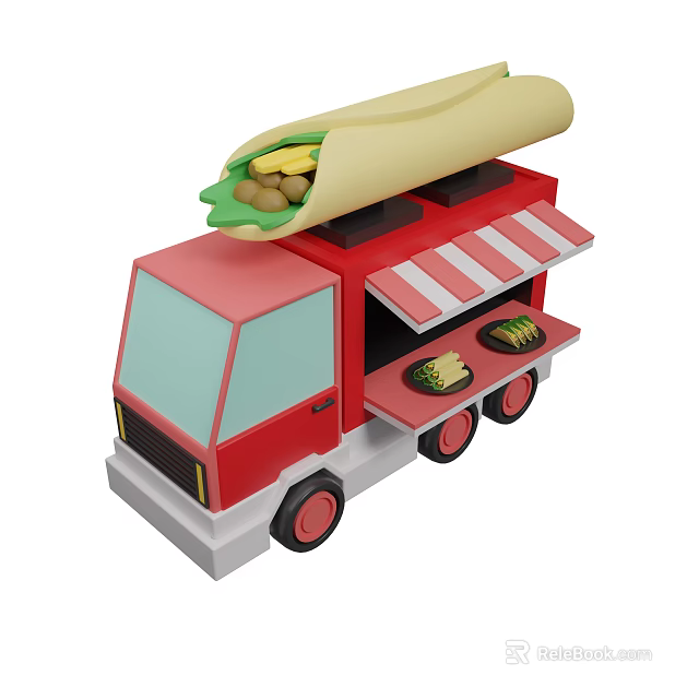 Delicious Burrito On Red Food Truck With Striped Awning And Plates 3d model 