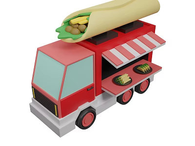 Delicious Burrito On Red Food Truck With Striped Awning And Plates 3d model