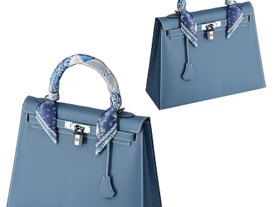 Elegant Blue Handbags With Colorful Silk Scarf On Handle And Metal Lock Closure 3d model