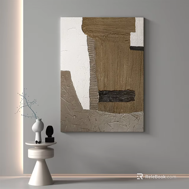 Abstract Wall Art With Neutral Tones Wooden Elements And Side Table Decor 3d model