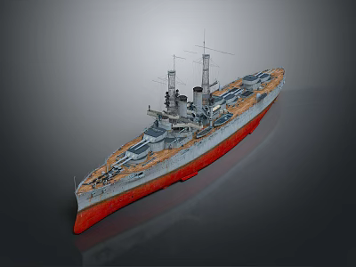 Vintage Warship 3D Model With Turrets Mast And Red Bottom Deck 3d model