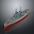 Vintage Warship 3D Model With Turrets Mast And Red Bottom Deck