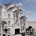 European Style Detached Villa With White Exterior Black Roof Grand Gate And Swimming Pool