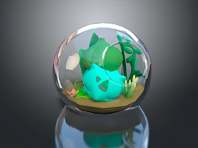 Glass Globe Terrarium Featuring Blue Creature Character With Green Plants Inside Transparent Sphere 3d model