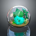 Glass Globe Terrarium Featuring Blue Creature Character With Green Plants Inside Transparent Sphere