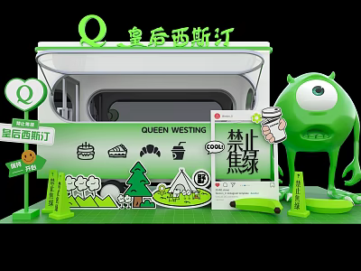 Queen Westing Green Themed Dessert Shop With Cartoon Character And Coffee Drinks 3d model