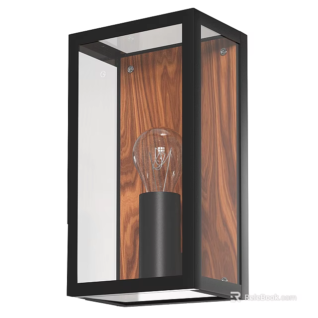 Modern Wall Lamp With Wooden Panel Black Frame And Transparent Bulb 3d model 