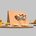 Playful Scene With Two Cats Peeking Heads From Brown Board And Yellow Structures