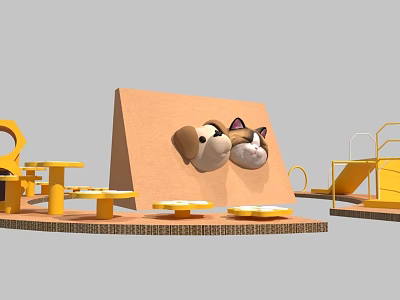 Playful Scene With Two Cats Peeking Heads From Brown Board And Yellow Structures 3d model