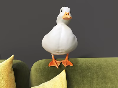 White Duck Standing On Green Sofa Armrest With Yellow Cushions And Gray Wall Background 3d model