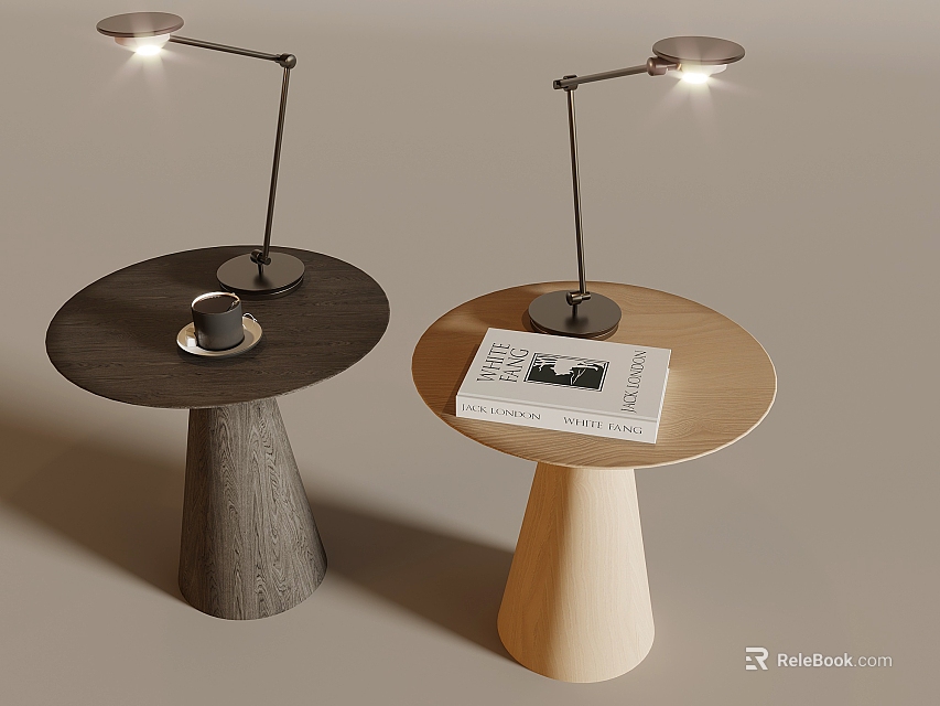 Two Round Side Tables With Desk Lamps Coffee Cup And Book 3d model 