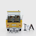 Yellow and White Canteen Van with Open Doors Shelves Items Foldable Tables Chairs and Signboard