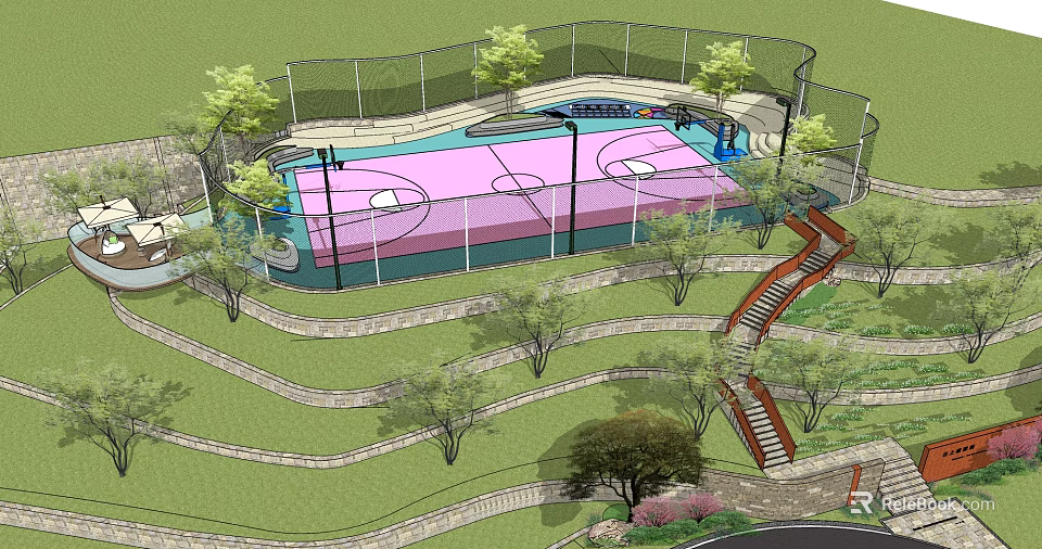 Outdoor Basketball Court with Pink Surface Surrounded by Green Lawn Trees and Spiral Stairs 3d model 