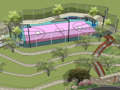 Outdoor Basketball Court with Pink Surface Surrounded by Green Lawn Trees and Spiral Stairs 3d model