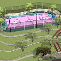 Outdoor Basketball Court with Pink Surface Surrounded by Green Lawn Trees and Spiral Stairs