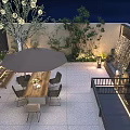 Courtyard Garden Terrace With Dining Table Chairs Umbrella Waterfall Feature Plants And Lighting