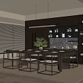 Modern Restaurant Interior With Dining Table Chairs Hanging Lights And Large Windows 3d model