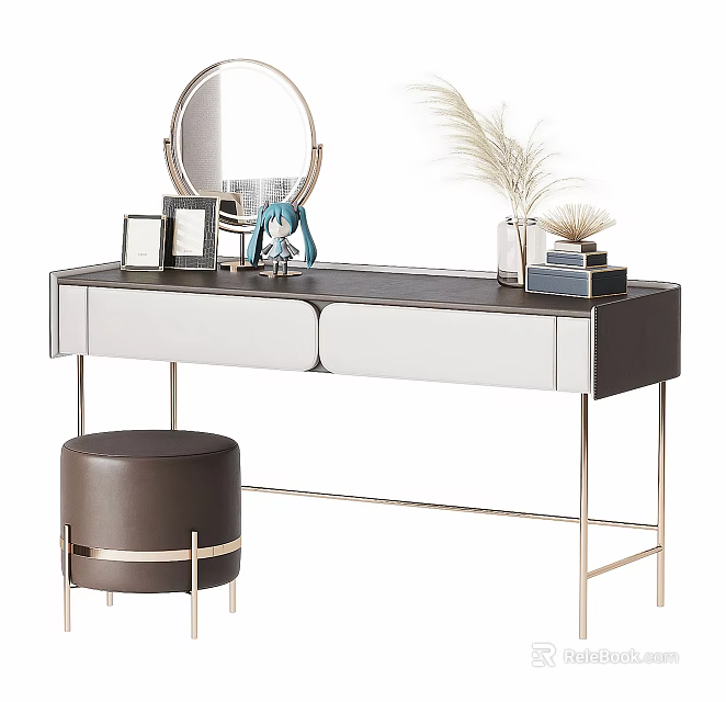 Modern Dressing Table With Round Mirror Stool White Drawers And Metal Frame 3d model
