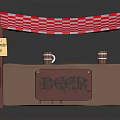Red And White Checkered Canopy Food Stall With Wooden Barrels And Signage