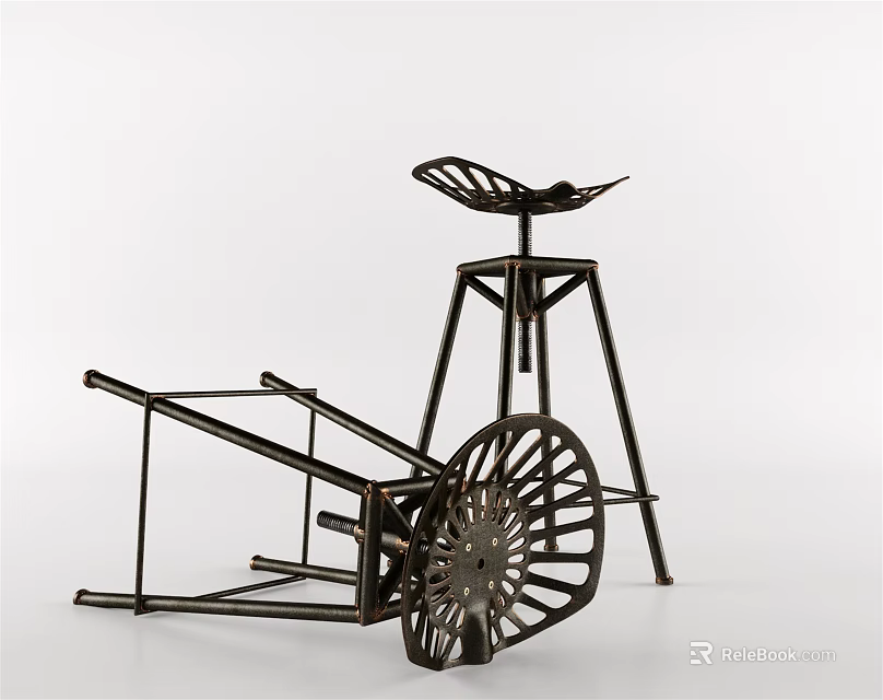 Black Metal Frame Bar Stool With Modern Industrial Design And Circular Wheel Structure 3d model 