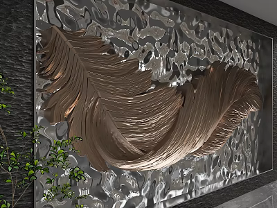 Textured Metallic Background Wall With Copper Feather Decorations And Green Plants Accent 3d model