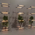 Floral Installation With Three Metal Frame Structures Green Plants And Lighting Tubes