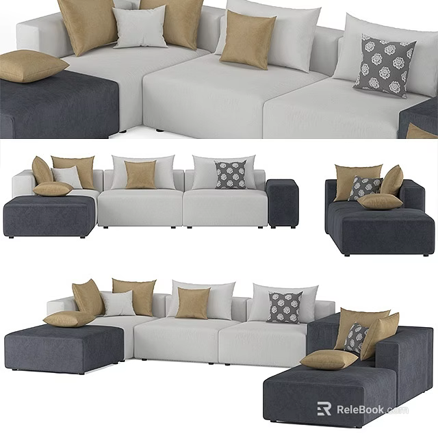 Modern Sectional Sofa Set With Gray Beige Upholstery And Geometric Pattern Decorative Pillows 3d model
