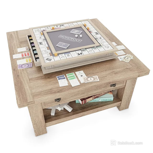 Monopoly Themed Hanging Decor On Wooden Coffee Table With Game Cards And Cash Bills 3d model 