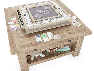 Monopoly Themed Hanging Decor On Wooden Coffee Table With Game Cards And Cash Bills 3d model