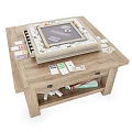Monopoly Themed Hanging Decor On Wooden Coffee Table With Game Cards And Cash Bills